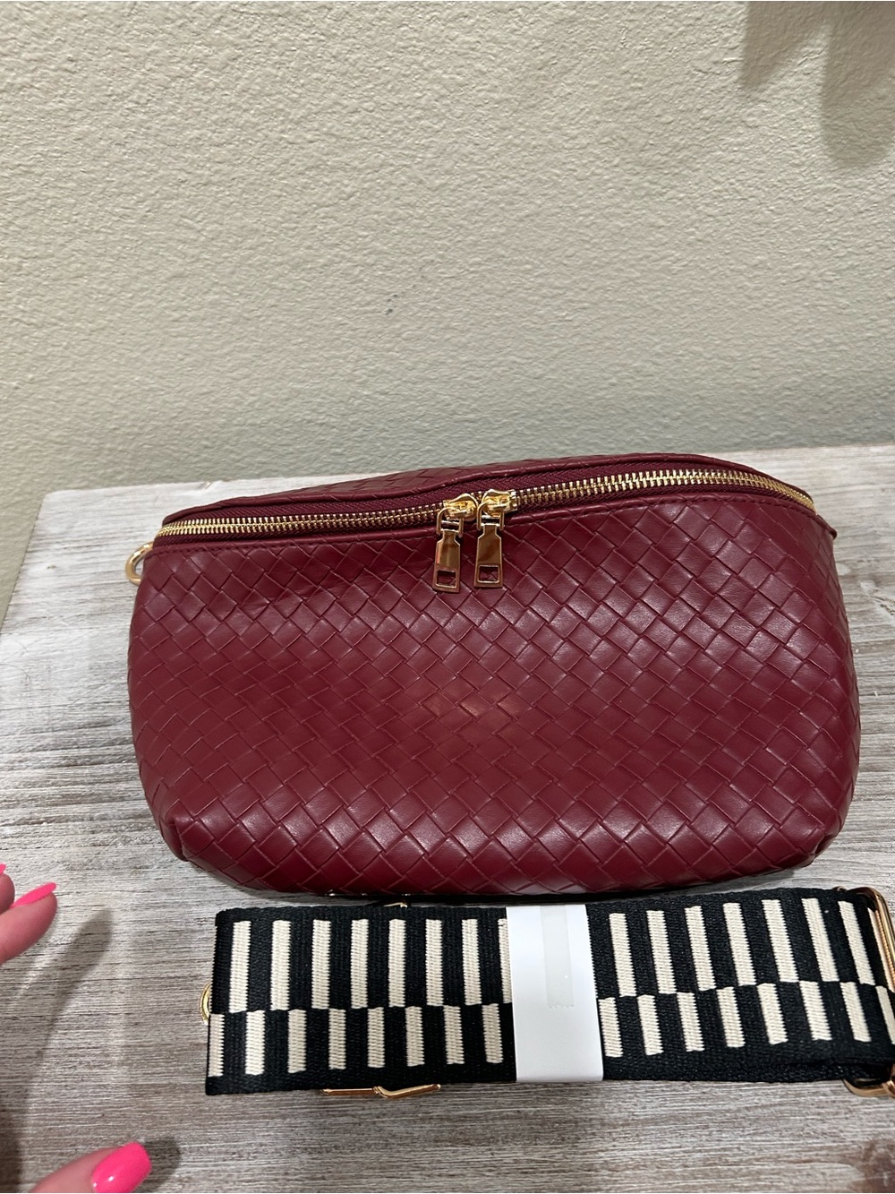 Woven Leather Crossbody Bag in Burgundy with Gold Hardware